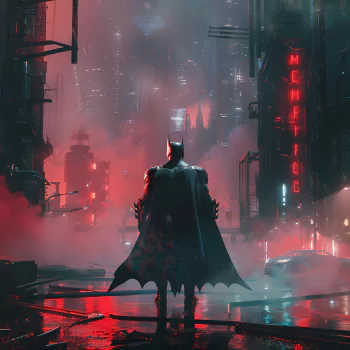 Batman fan art avatar depicting the Dark Knight standing in a neon-lit, rain-drenched Gotham City, suitable as a profile picture (pfp).