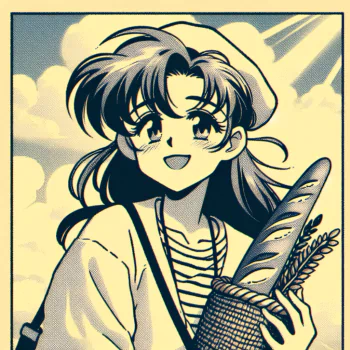 Profile photo of a cheerful animated character with a baguette in a basket, set against a sunny background.