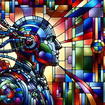 Colorful stained glass-style depiction of a robotic head used as a forum avatar.