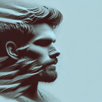Duotone profile photo of a man side-view, featuring a textured design that blends facial features with flowing lines, creating a dynamic and artistic visual representation.