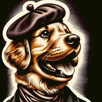 A stylized illustration of a cheerful dog wearing a beret and scarf, serving as a vibrant Pompompurin-themed avatar for a forum profile picture.