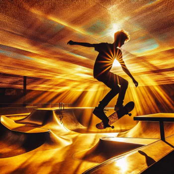 A skateboarder performs a trick at a vibrant skate park, illuminated by golden rays of light, making this a dynamic forum avatar or profile picture.