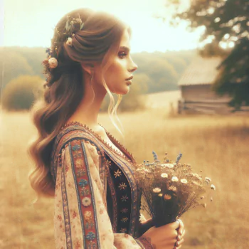 Profile photo of a bridesmaid in a floral dress holding a bouquet, with a serene pastoral backdrop.