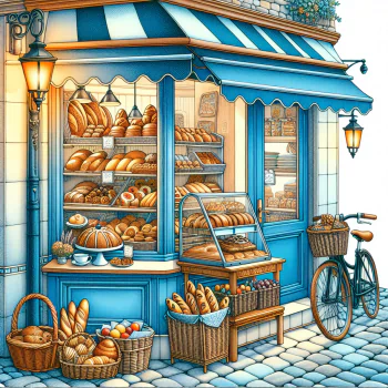 Illustration of a charming bakery shopfront with fresh bread and pastries displayed, and a bicycle parked beside it. Used as a forum avatar.