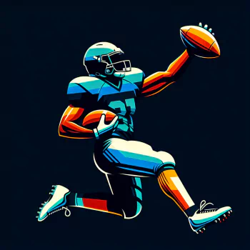 Avatar of a dynamic, stylized football player in a blue and orange uniform making a touchdown catch against a dark background.