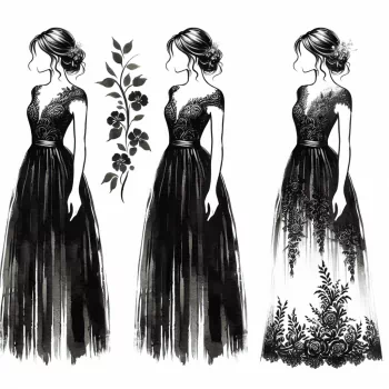 Profile photo of three elegant black-and-white illustrations of a woman in different styles of bridesmaid dresses, decorated with floral designs.