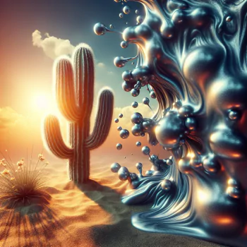 Desert cactus at sunset with abstract liquid metal effect for creative profile picture.