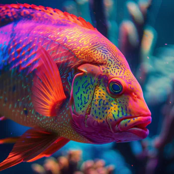 Vibrant profile photo of a colorful fish in an aquarium, showcasing detailed scales and fins in shades of red and blue.