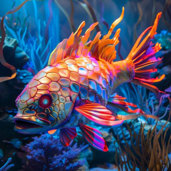 Vibrant digital artwork of a colorful fish in an aquarium setting, designed for use as a forum avatar or profile photo.