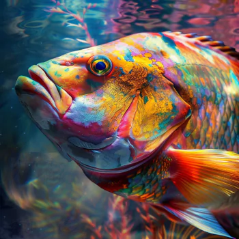 A vibrant, colorful fish swims in an aquarium, showcasing rich hues and intricate patterns. This image serves as a striking forum avatar, embodying the aquatic theme beautifully.