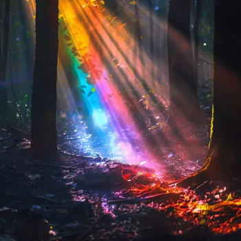 A mystical avatar featuring a vibrant light spectrum shining through a dark forest setting.