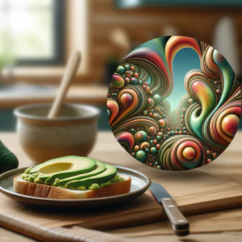 Stylish avatar shadowing a vibrant avocado toast set in a cozy kitchen setting.