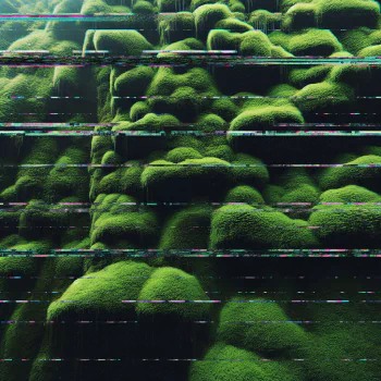 Profile photo featuring a vibrant green moss wall enhanced with digital glitch art effects.