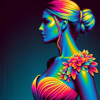 Colorful artistic profile of a woman in a bridesmaid dress avatar.