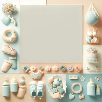 Pastel baby shower themed avatar with assorted baby items and decorations surrounding a blank space for personalization.