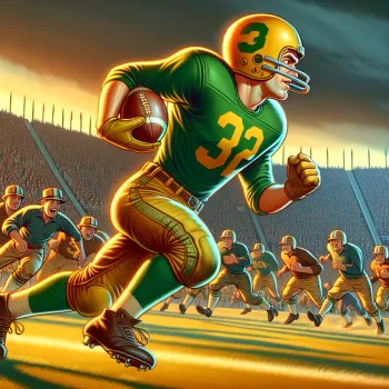 Avatar of a digital illustration showing a dynamic football player in a green uniform with the number 32, running for a touchdown with an intense expression, against a backdrop of a cheering crowd and stadium lights.
