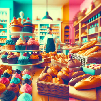 Colorful avatar featuring a vibrant bakery scene with an assortment of baked goods like cupcakes and bread, highlighting a person standing behind the counter.