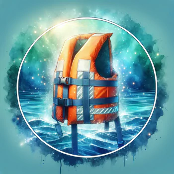 Illustrated profile picture of an orange life jacket floating on serene water with a circular border.