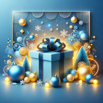 Festive Christmas avatar featuring a beautifully wrapped present surrounded by sparkling gold and blue ornaments against a magical wintry backdrop.