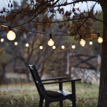 A cozy outdoor scene featuring a chair beneath a tree decorated with glowing string lights and light bulbs, creating a warm and inviting atmosphere for a profile picture.