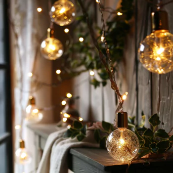 A cozy profile picture featuring glowing light bulbs and string lights, creating a warm ambiance against a backdrop of greenery and textured surfaces.