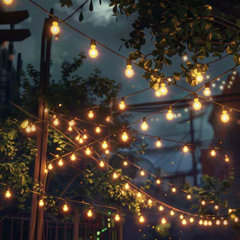 A captivating forum avatar featuring glowing light bulbs strung along a dark, leafy background, creating a warm and inviting atmosphere with twinkling string lights.