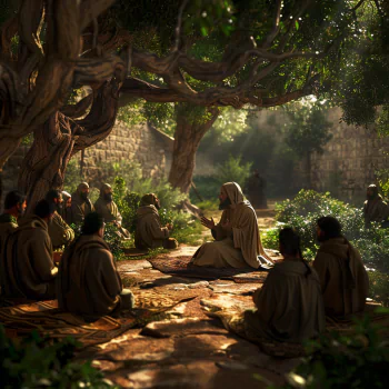 Alt Text: Avatar image depicting a serene gathering under a tree with a central figure teaching a group of attentive listeners, invoking themes related to Jesus.