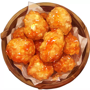 A colorful illustration of chicken nuggets, glistening with sauce, arranged in a wooden bowl, serving as a playful forum avatar.