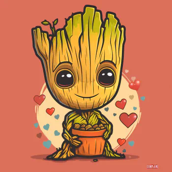 Profile photo of a cute, cartoon-style illustration of Groot from Marvel Comics, holding a heart, with hearts floating around, set against a pink background.