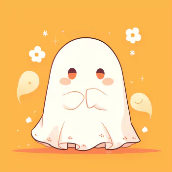 A cute, cartoon-style ghost avatar with rosy cheeks and a gentle expression, surrounded by small, playful ghosts and flowers, against a bright orange background.
