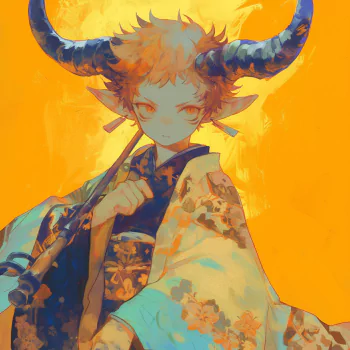 Anime boy with horns, dressed in a colorful kimono, holding a staff, set against a vibrant orange background. Designed as a forum avatar or profile photo.