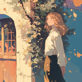 Anime girl avatar with a serene expression standing by a window, surrounded by autumn leaves.