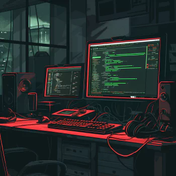 Profile photo of a dark, atmospheric programmer's workspace with multiple screens displaying code, symbolizing a focus on software development.