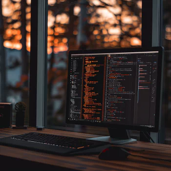 Profile picture of a computer screen displaying code, set against a window with a sunset view.