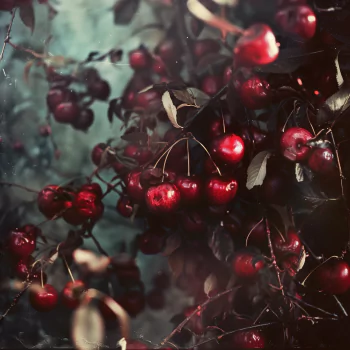 Close-up of ripe cherries on a tree with a moody, artistic filter, perfect for a fruit-themed avatar or profile picture.
