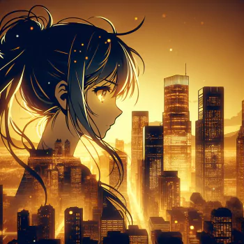 Anime-style avatar showing a profile of a girl with blue hair, set against a glowing, skyscraper-filled cityscape at sunset.