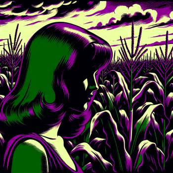 A profile photo featuring a stylized woman with dark hair, set against a vivid cornfield backdrop under dramatic skies, capturing a striking graphic aesthetic.