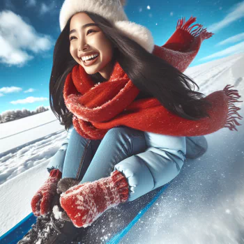 Avatar of a joyful person sledding down a snowy hill, embodying winter fun and excitement.