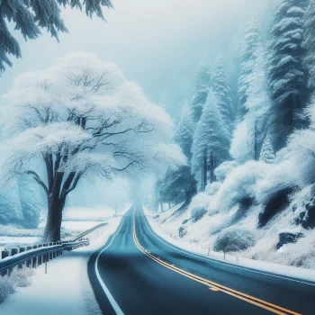 A serene snowy road lined with frost-covered trees, captured for a tranquil profile picture.