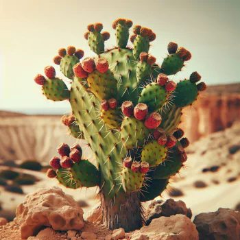 Profile photo of a vibrant prickly pear cactus with numerous red fruits, set against a warm, desert backdrop.