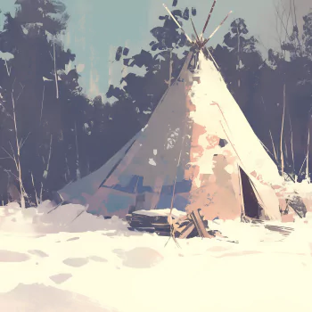 Avatar of a snowy landscape with a traditional tent surrounded by trees.