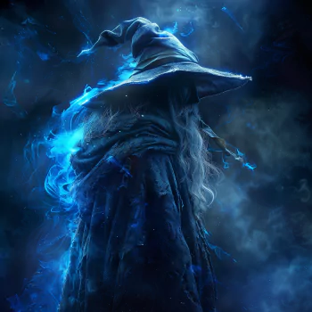 Mystical avatar of a wizard with a glowing blue aura for a profile picture.