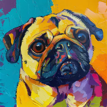 Colorful artistic avatar of a pug dog with a vibrant background.