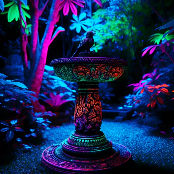 A vibrant bird bath surrounded by colorful plants, featuring an illuminated design, serves as a striking forum avatar, showcasing a whimsical and enchanting garden scene.