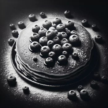 Profile photo of a stack of blueberry pancakes, adorned with fresh blueberries and syrup, set against a dark background.