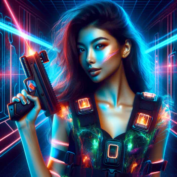 A vibrant laser tag-themed profile photo featuring a confident individual holding a futuristic laser gun, surrounded by neon lights and colorful energy effects.