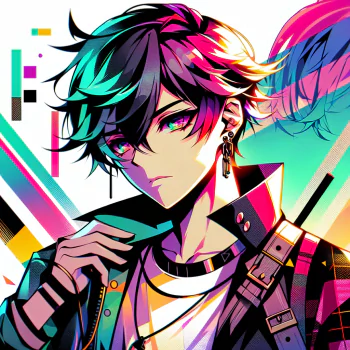 A striking aesthetic anime avatar featuring a stylish character with vibrant hair and expressive eyes, adorned with accessories, set against a colorful geometric background.