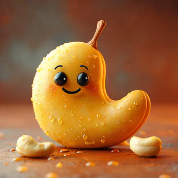 Profile photo of a cheerful, cartoon-style cashew character with a smiling face, set against a warm background.