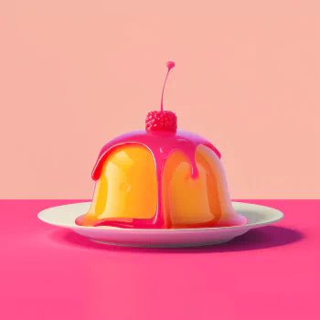 Colorful, shiny pudding avatar with a cherry on top against a pink background.