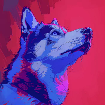 Vibrant profile photo of a stylized husky dog with a blue and pink color scheme against a red background.